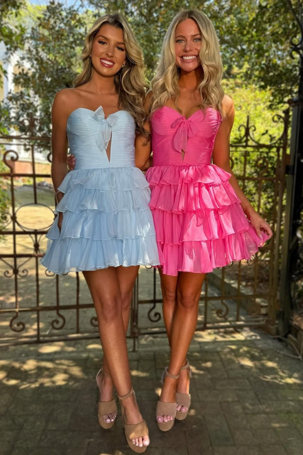 Chic Strapless Ruffle Tiered Chiffon Homecoming Dress with Front Bow