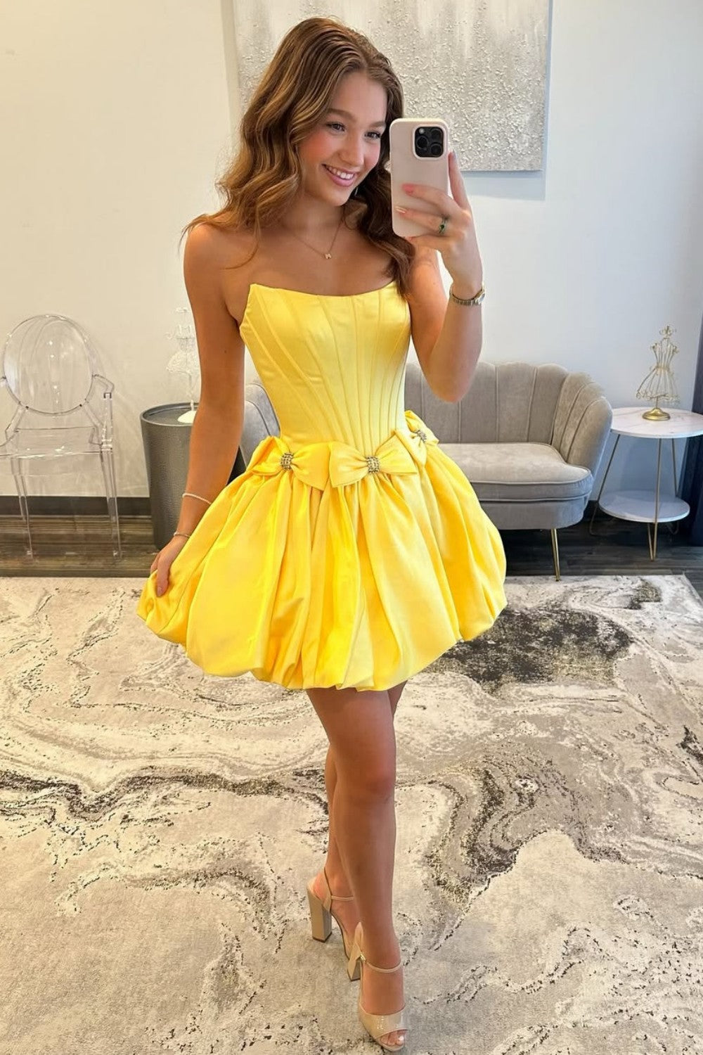 Strapless Satin Bubble Hem A-Line Homecoming Dress with Bow Accents