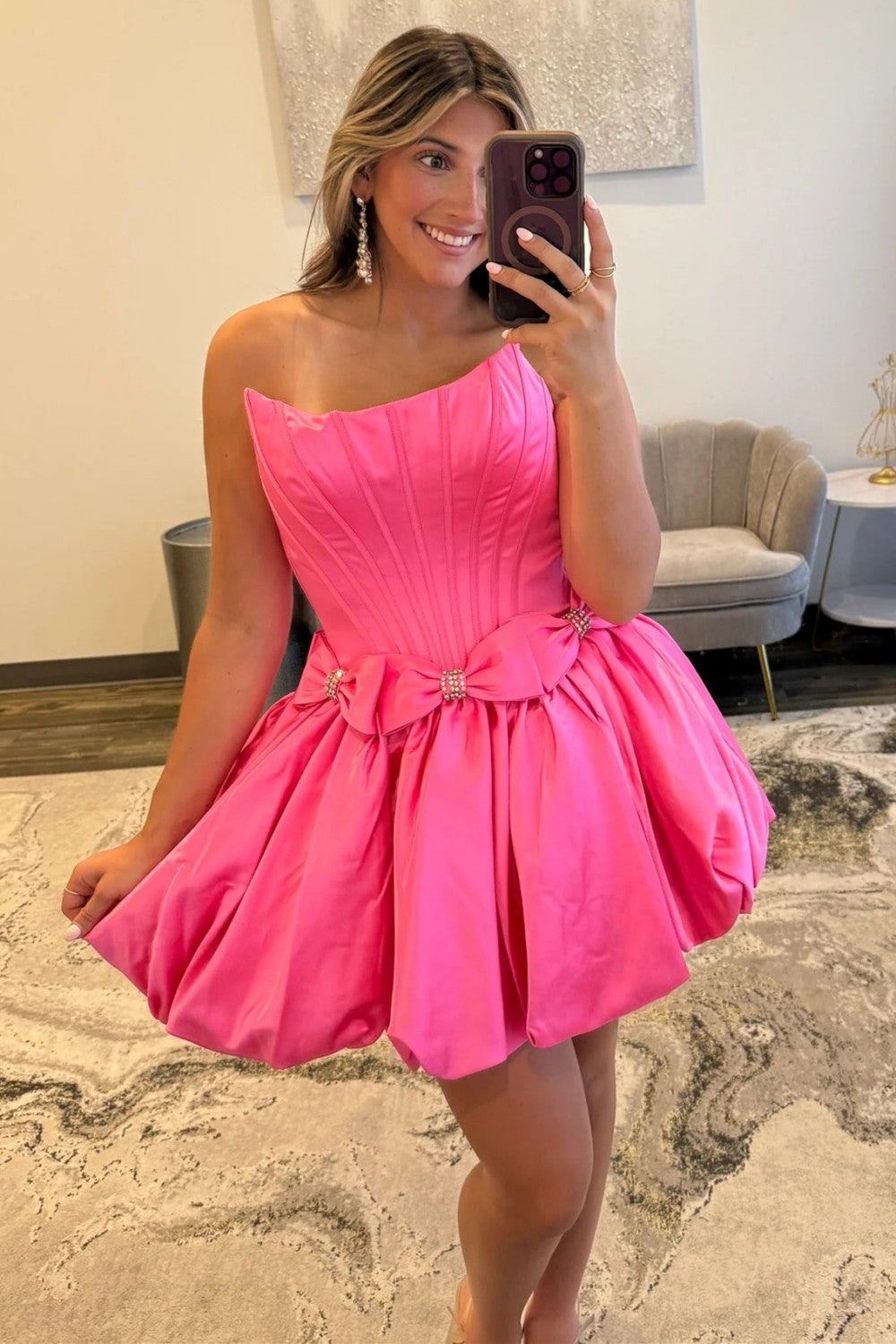 Strapless Satin Bubble Hem A-Line Homecoming Dress with Bow Accents