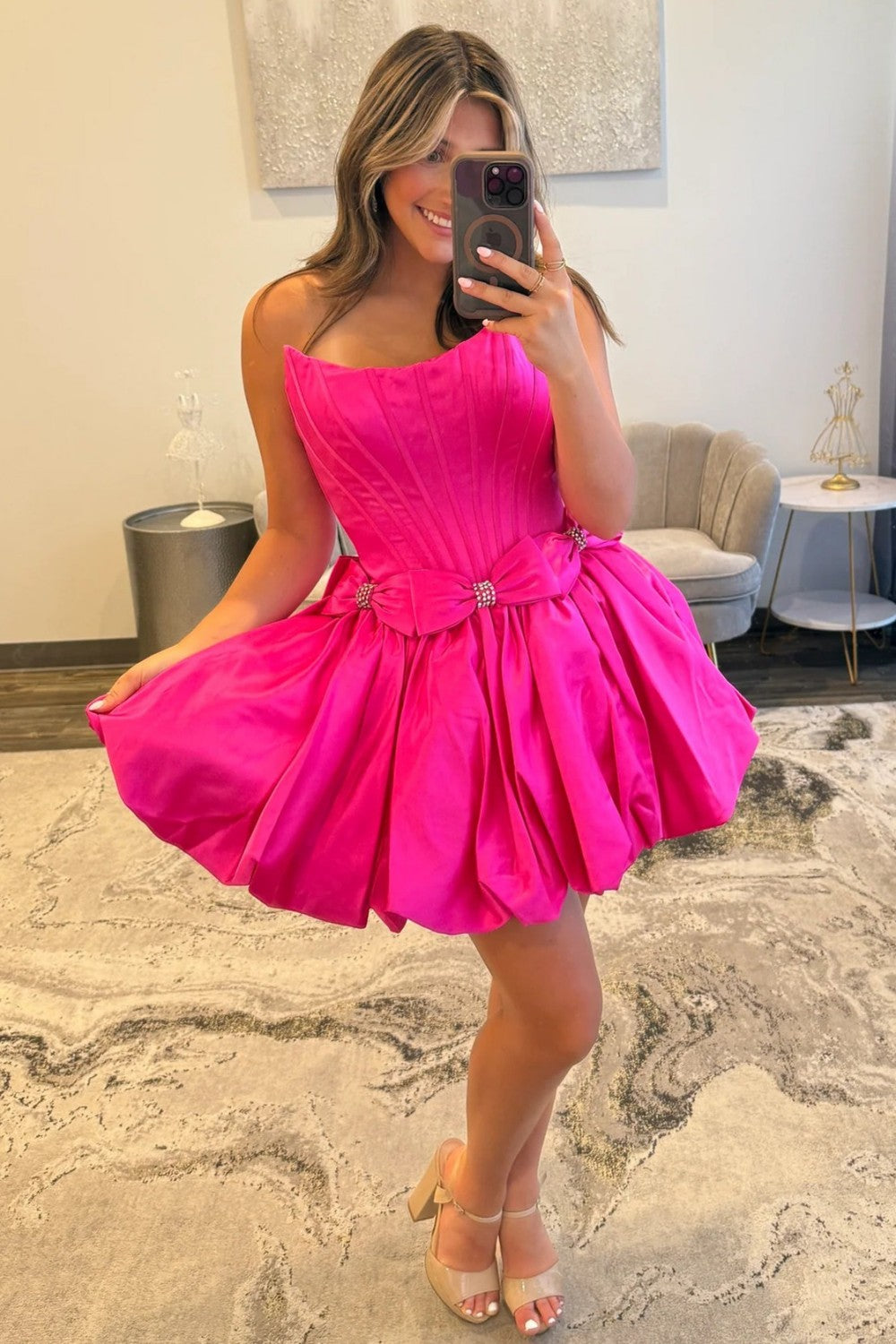 Strapless Satin Bubble Hem A-Line Homecoming Dress with Bow Accents