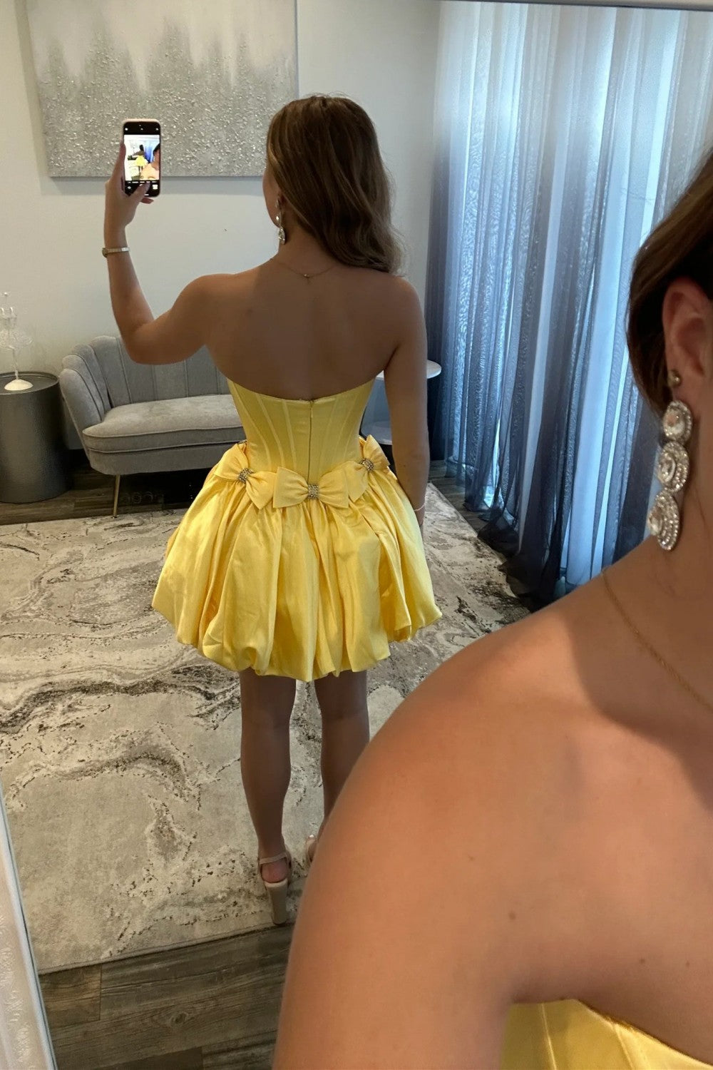 Strapless Satin Bubble Hem A-Line Homecoming Dress with Bow Accents