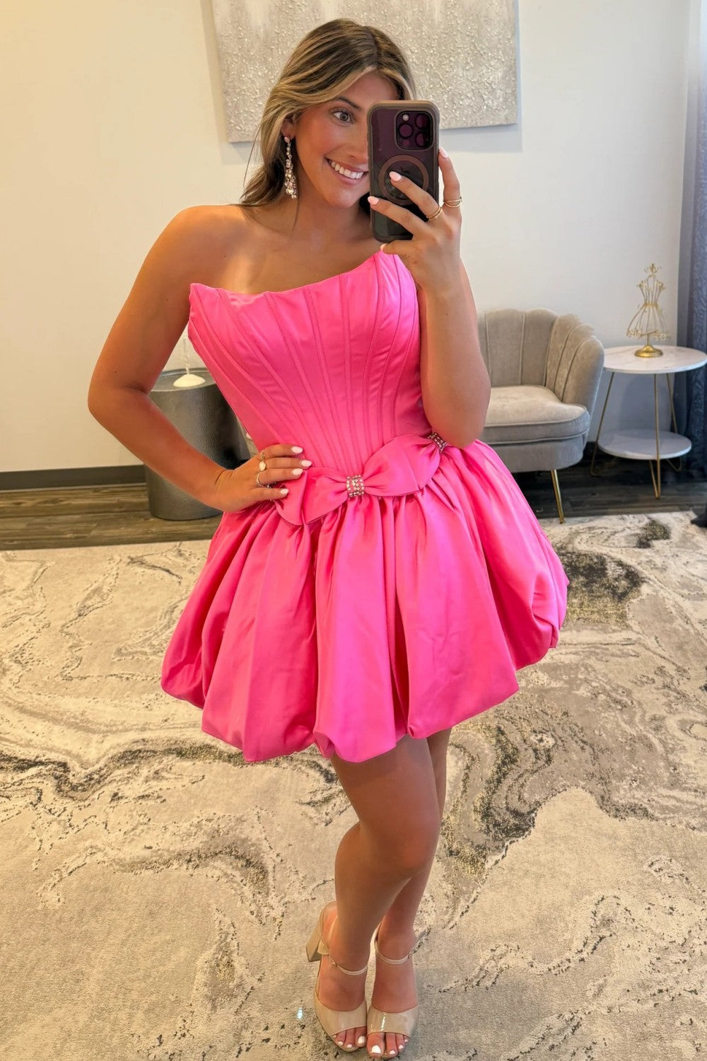 Strapless Satin Bubble Hem A-Line Homecoming Dress with Bow Accents