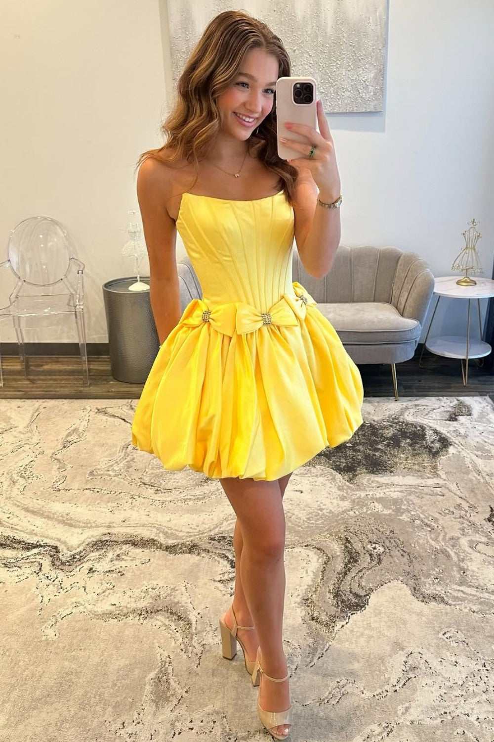 Strapless Satin Bubble Hem A-Line Homecoming Dress with Bow Accents