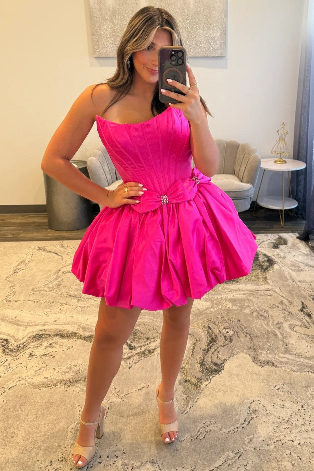 Strapless Satin Bubble Hem A-Line Homecoming Dress with Bow Accents