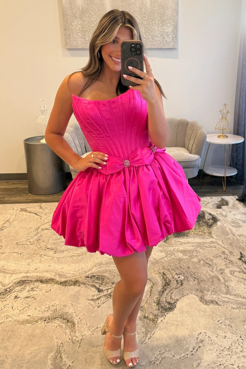 Strapless Satin Bubble Hem A-Line Homecoming Dress with Bow Accents