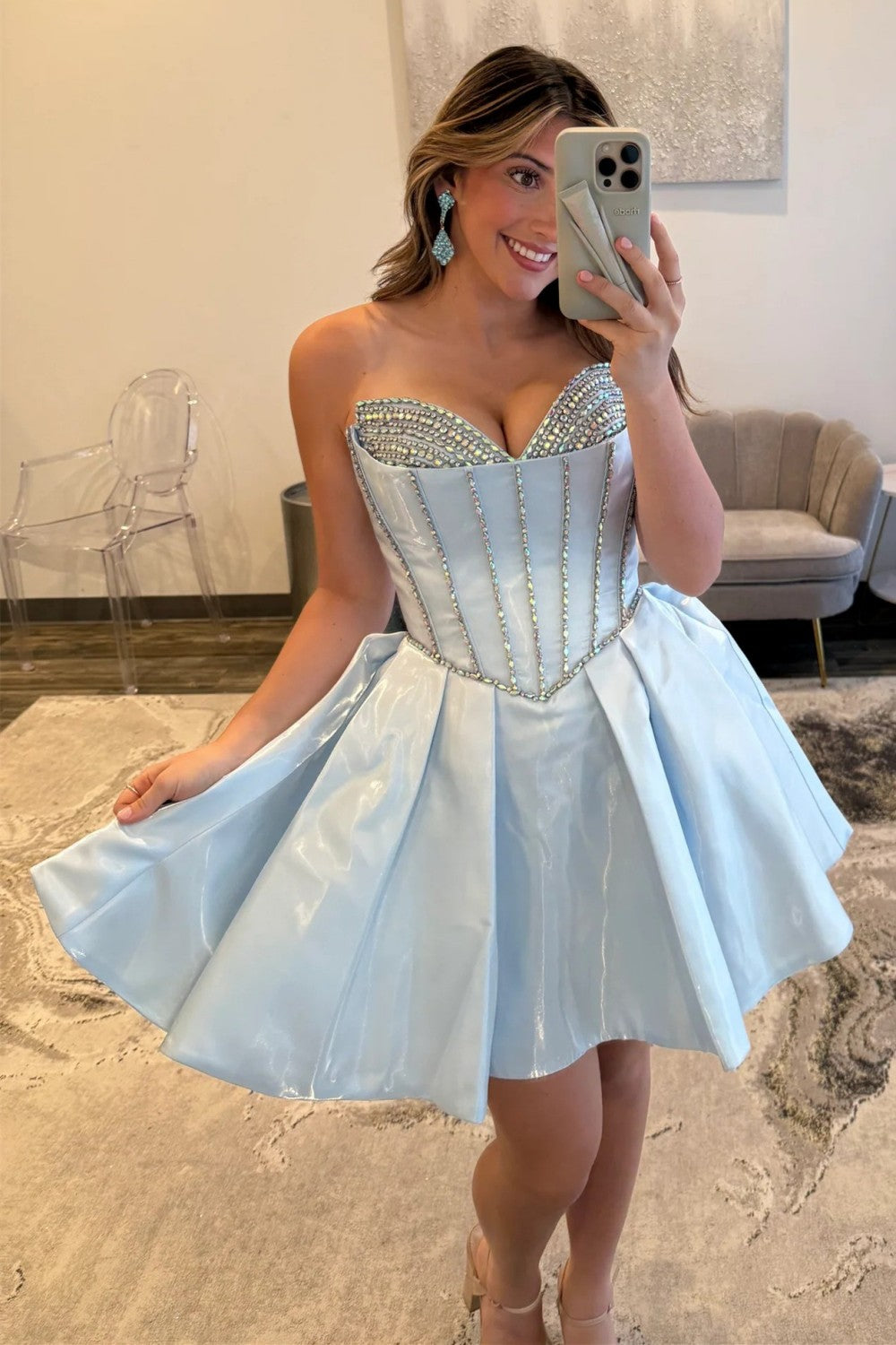 Stunning A-Line Sweetheart Corset Homecoming Dress with Crystal Detail and Flared Skirt
