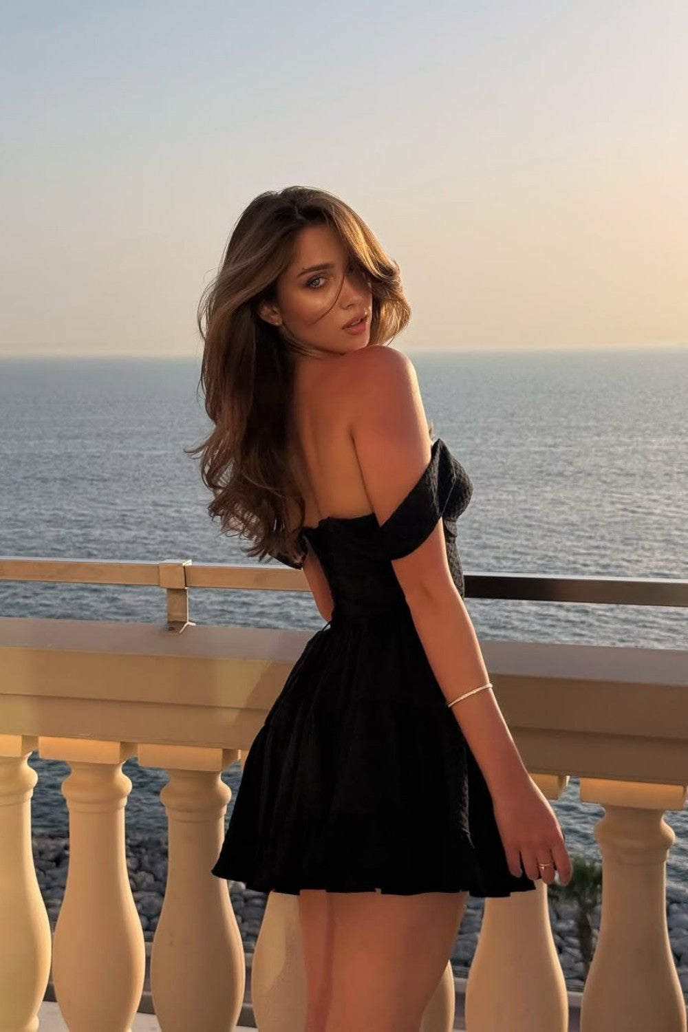 Stunning Black Off The Shoulder A-Line Mini Dress with Ruched Bodice