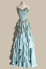 Stunning Dusty Green Satin Prom Dress with Sweetheart Neckline Beaded Top and Tiered Hem