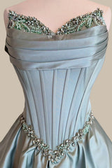 Stunning Dusty Green Satin Prom Dress with Sweetheart Neckline Beaded Top and Tiered Hem