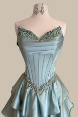 Stunning Dusty Green Satin Prom Dress with Sweetheart Neckline Beaded Top and Tiered Hem