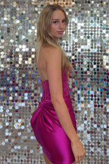 Stunning Fuchsia Bodycon Sweetheart Lace Top Short Satin Homecoming Dress