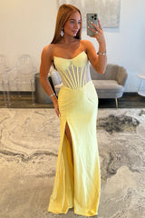 Stunning Glitter Yellow Strapless Beaded Corset Style Prom Gown With High Slit