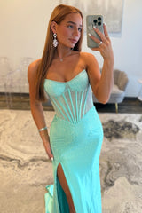 Stunning Glitter Yellow Strapless Beaded Corset Style Prom Gown With High Slit