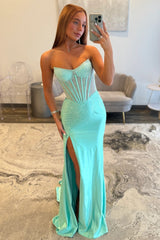 Stunning Glitter Yellow Strapless Beaded Corset Style Prom Gown With High Slit
