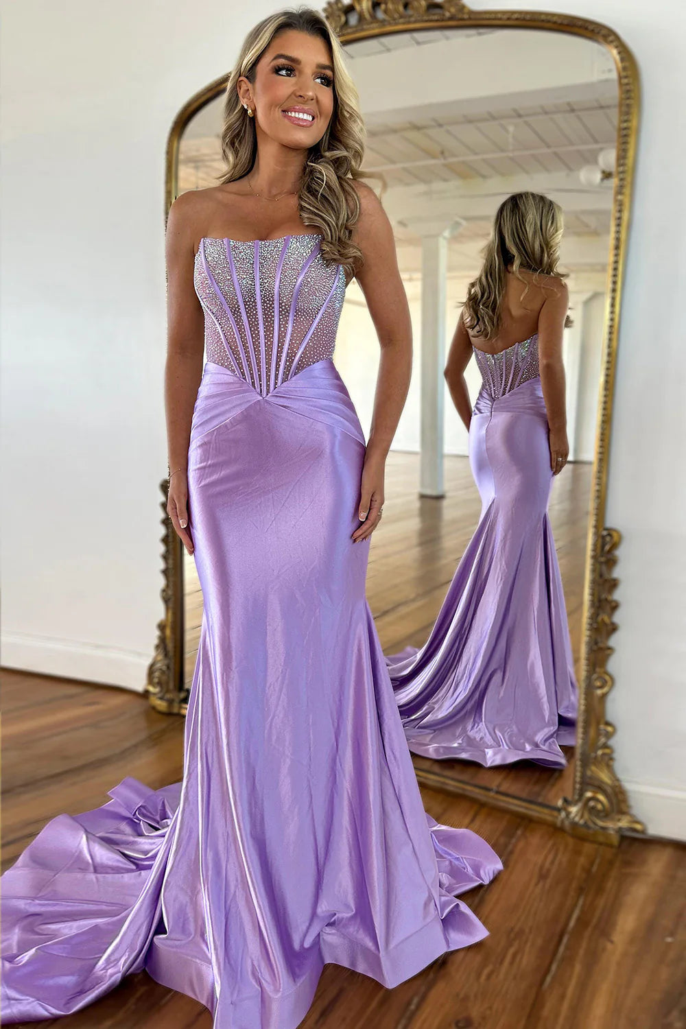 Stunning Lilac Satin Mermaid Prom Dress with Beaded Top and Sweep Train