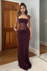 Stunning Mermaid Spaghetti Straps Brown Long Party Dress with Lace