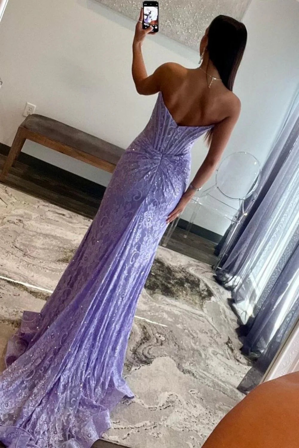 Stunning Glitter Mermaid Strapless Sweep Train Long Lace Prom Dress With Slit
