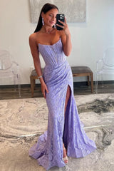 Stunning Glitter Mermaid Strapless Sweep Train Long Lace Prom Dress With Slit