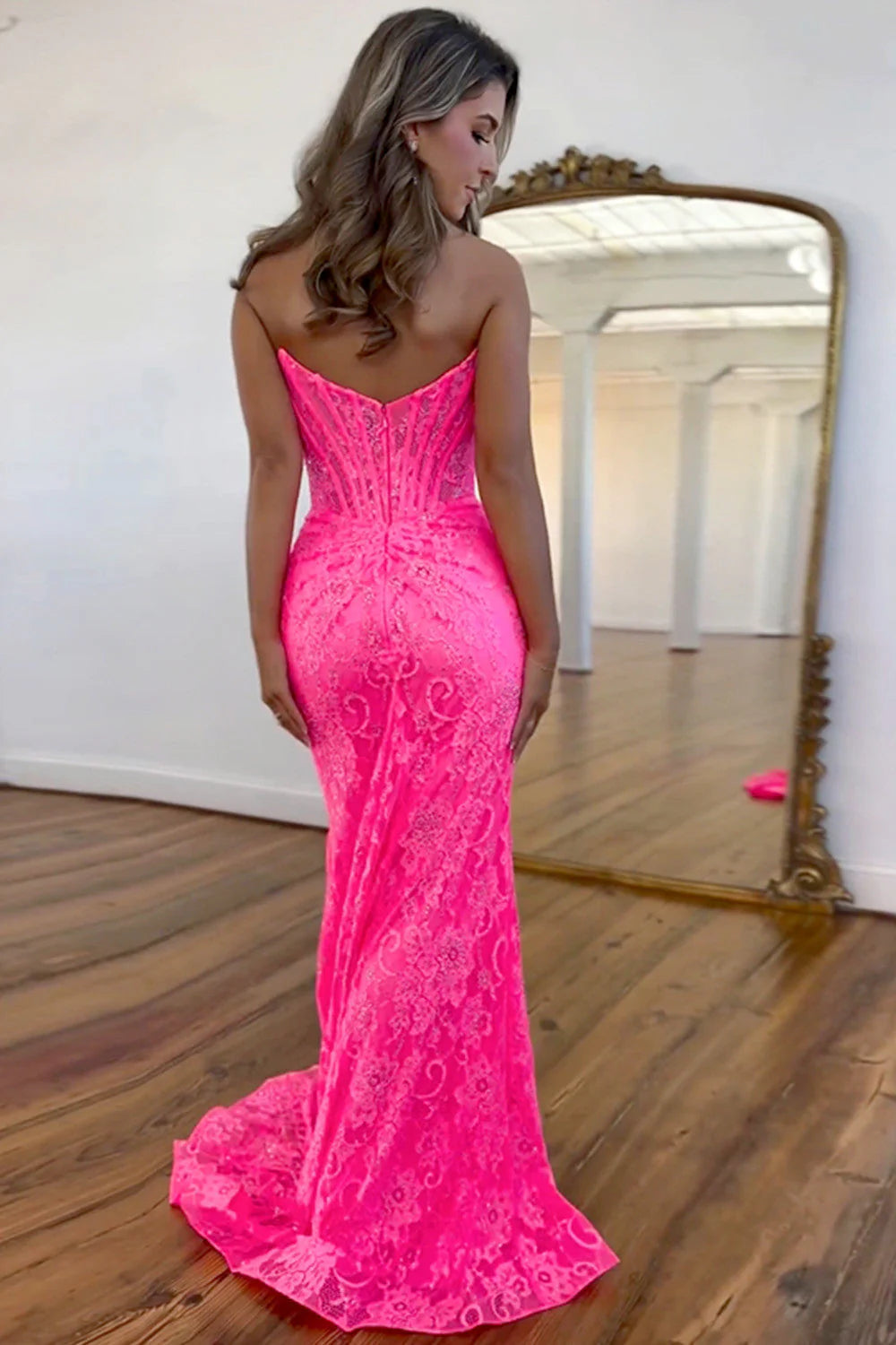 Stunning Glitter Mermaid Strapless Sweep Train Long Lace Prom Dress With Slit