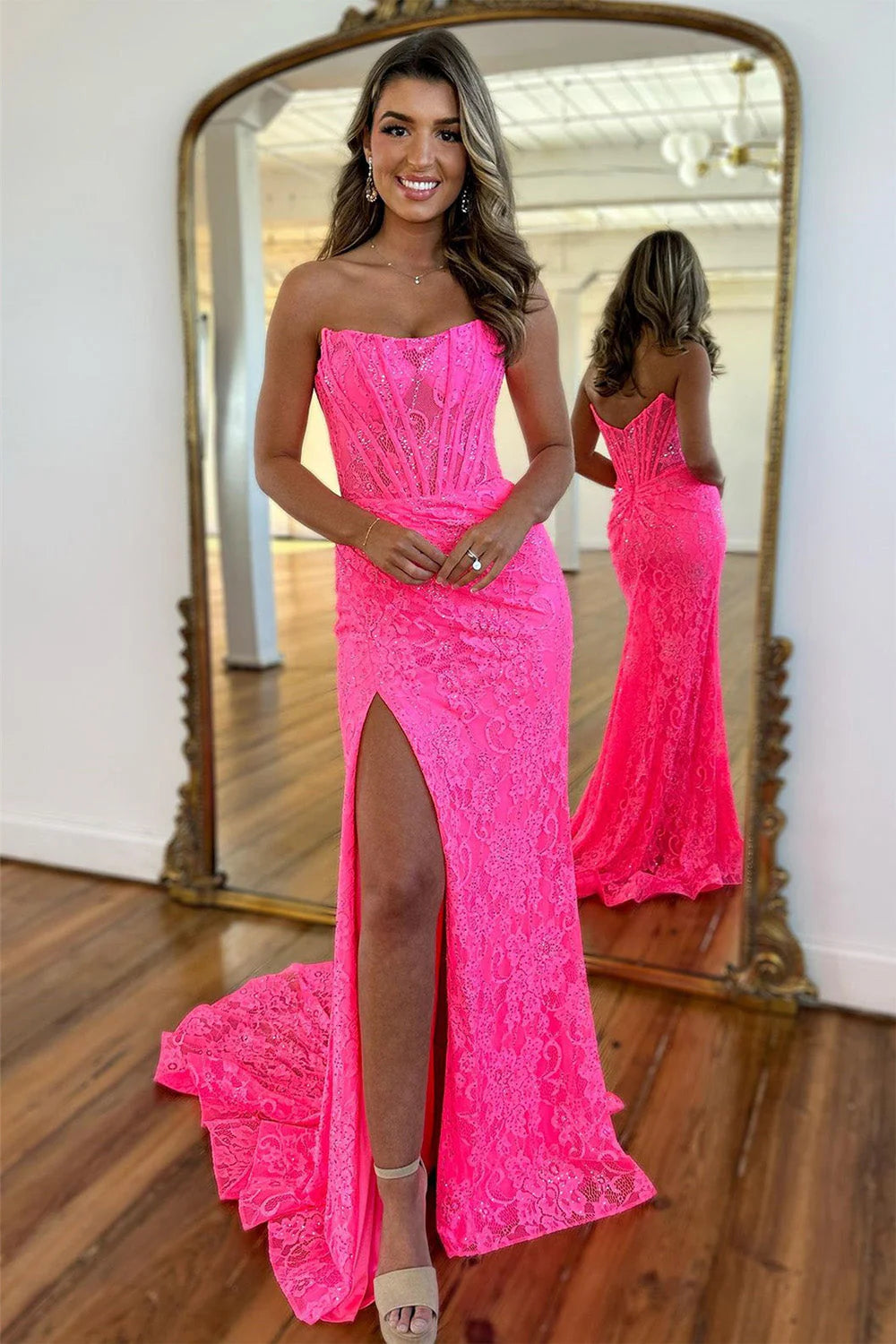 Stunning Glitter Mermaid Strapless Sweep Train Long Lace Prom Dress With Slit