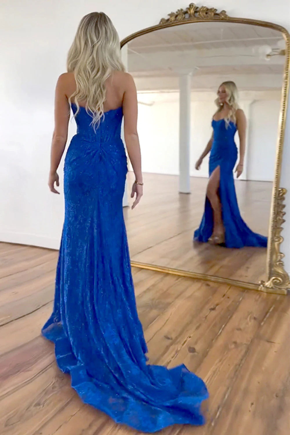 Stunning Glitter Mermaid Strapless Sweep Train Long Lace Prom Dress With Slit