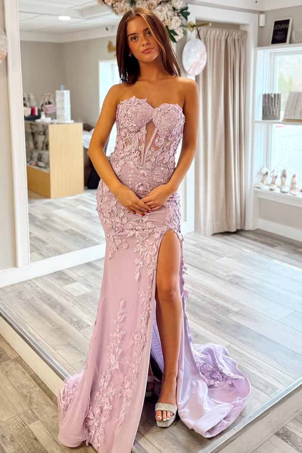 Stunning Mermaid Style Lilac Gown with Embroidery and Front Slit Prom Dress