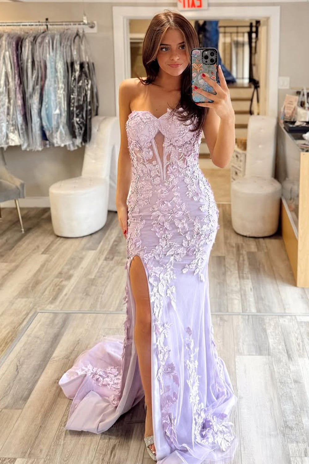 Stunning Mermaid Style Lilac Gown with Embroidery and Front Slit Prom Dress