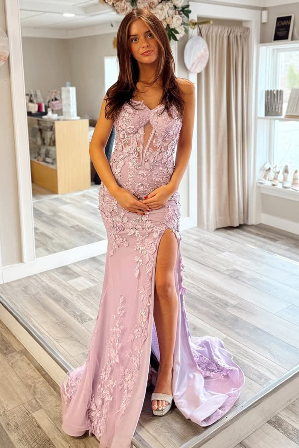 Stunning Mermaid Style Lilac Gown with Embroidery and Front Slit Prom Dress