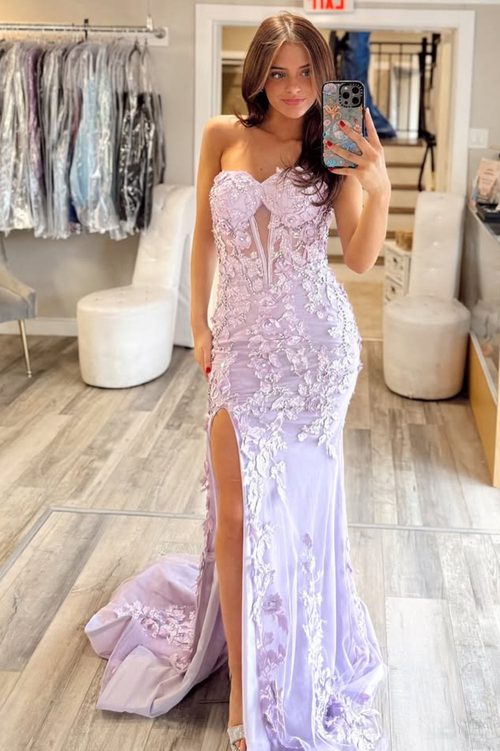 Stunning Mermaid Style Lilac Gown with Embroidery and Front Slit Prom Dress