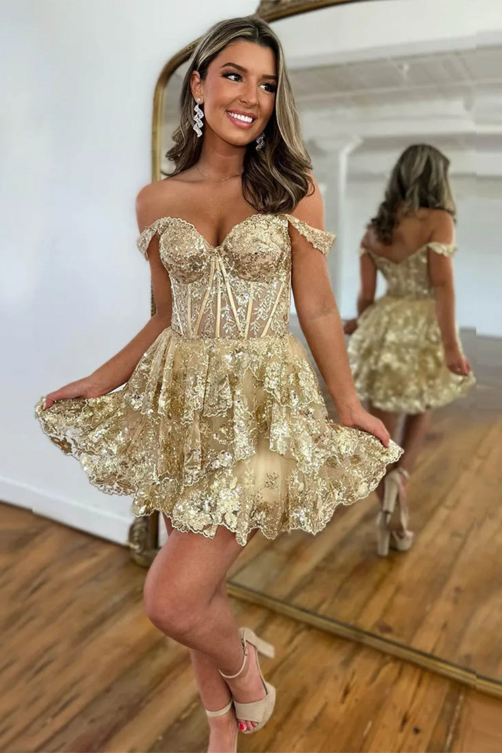 Sparkly Corset Homecoming Dress with Sequin Lace and Tiered Ruffle Skirt
