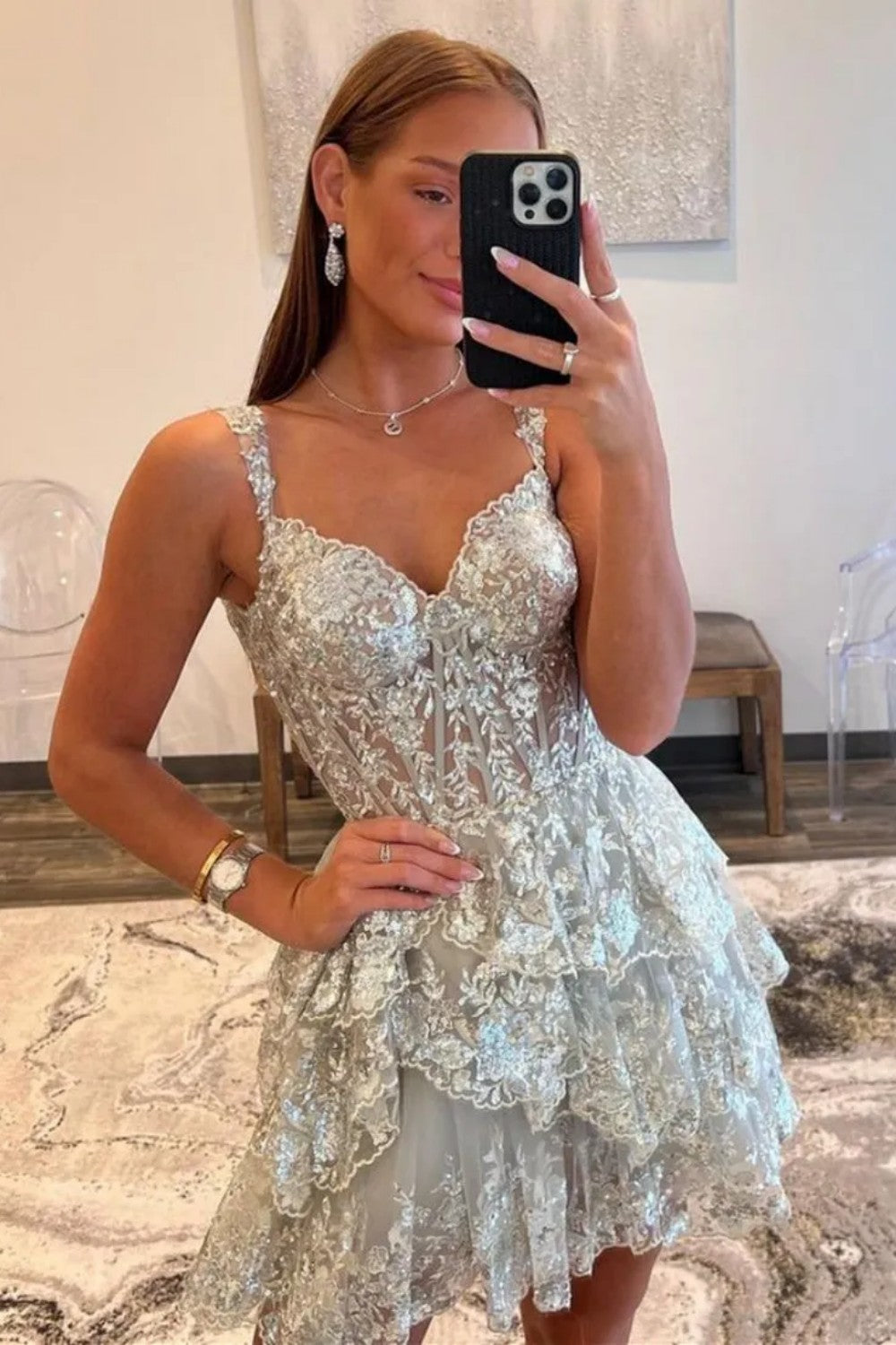 Sparkly Corset Homecoming Dress with Sequin Lace and Tiered Ruffle Skirt