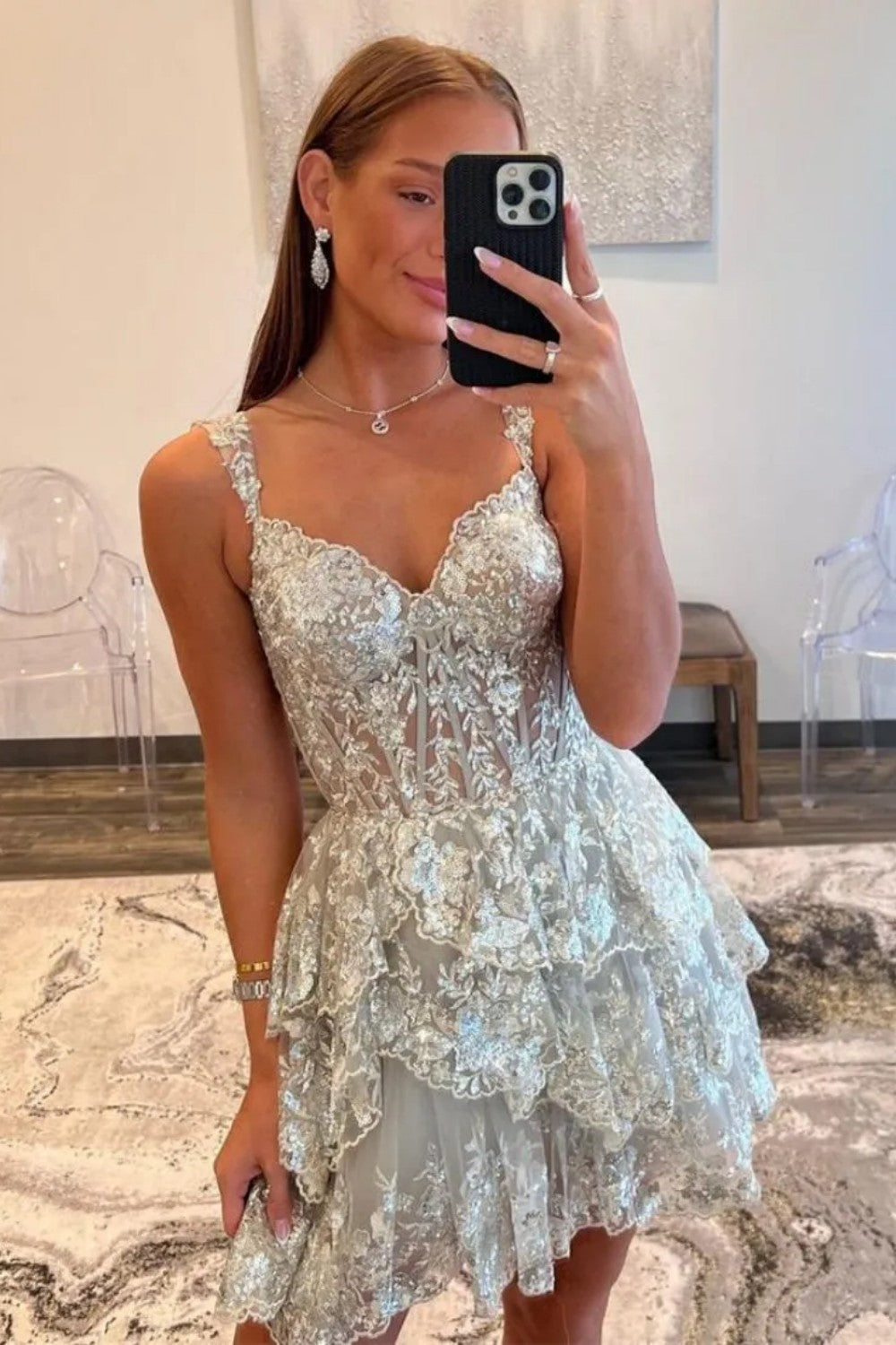 Sparkly Corset Homecoming Dress with Sequin Lace and Tiered Ruffle Skirt