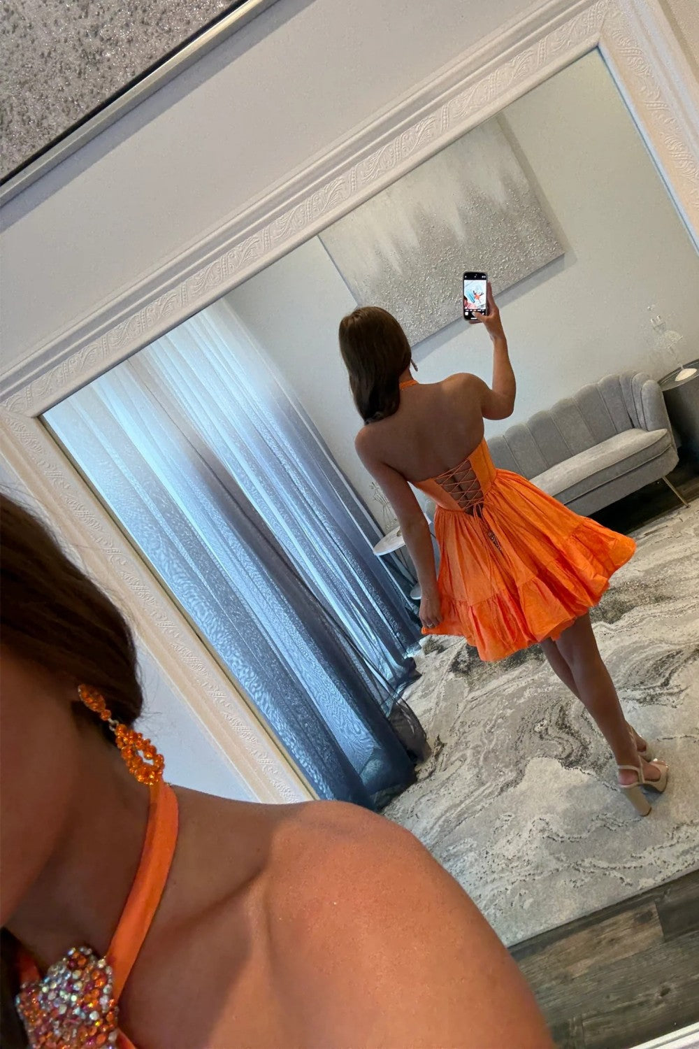 Stunning Orange A-Line Halter Neck Lace Up Short Satin Homecoming Dress