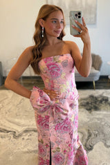Stunning Pink Floral Strapless Mermaid Prom Dress with Bow Detail and Slit