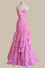 Stunning Pink Formal Prom Gown with Ruched Silhouette and Cascading Ruffles