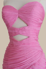 Stunning Pink Formal Prom Gown with Ruched Silhouette and Cascading Ruffles