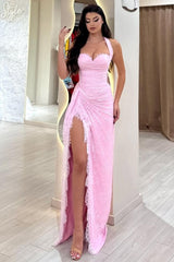 Stunning Pink Ruched Corset Lace Mermaid Prom Dress with Halter Neck & Slit