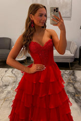 Stunning Red A-Line Sweetheart Long Tiered Chiffon Prom Dress with Slit