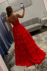 Stunning Red A-Line Sweetheart Long Tiered Chiffon Prom Dress with Slit