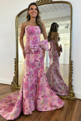 Elegant Pink Floral Jacquard Strapless Mermaid Prom Dress with Bow Detail