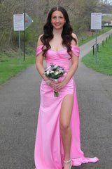 Stylish Mermaid Off the Shoulder Pink Long Prom Dress with Split Front Beading