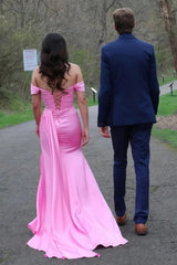 Stylish Mermaid Off the Shoulder Pink Long Prom Dress with Split Front Beading