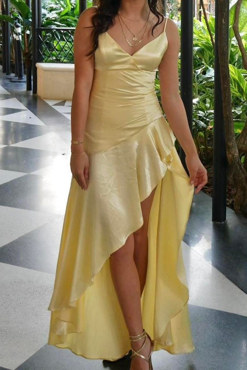 Stylish A Line Spaghetti Straps Yellow Long Prom Dress with Ruffles