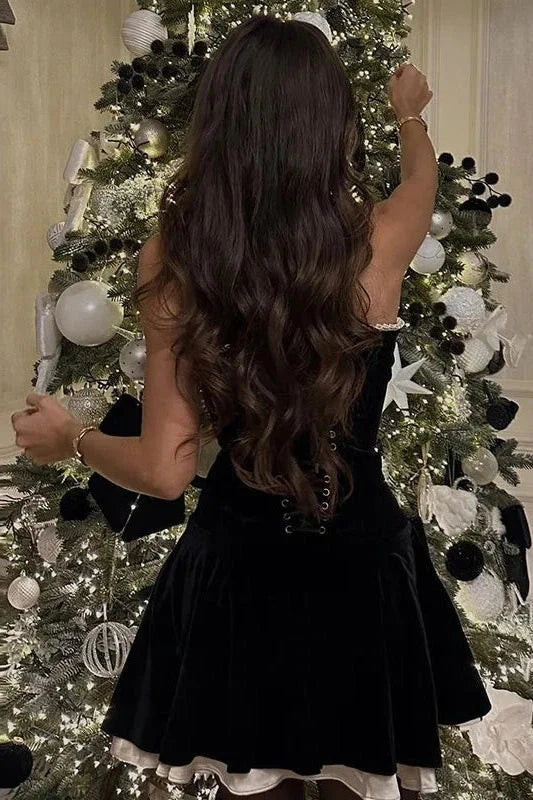 Sweety A Line Strapless Black Short Homecoming Dress with Criss Cross Back