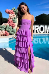 Stylish A Line Strapless Purple Long Prom Dress with Ruffles Split Front