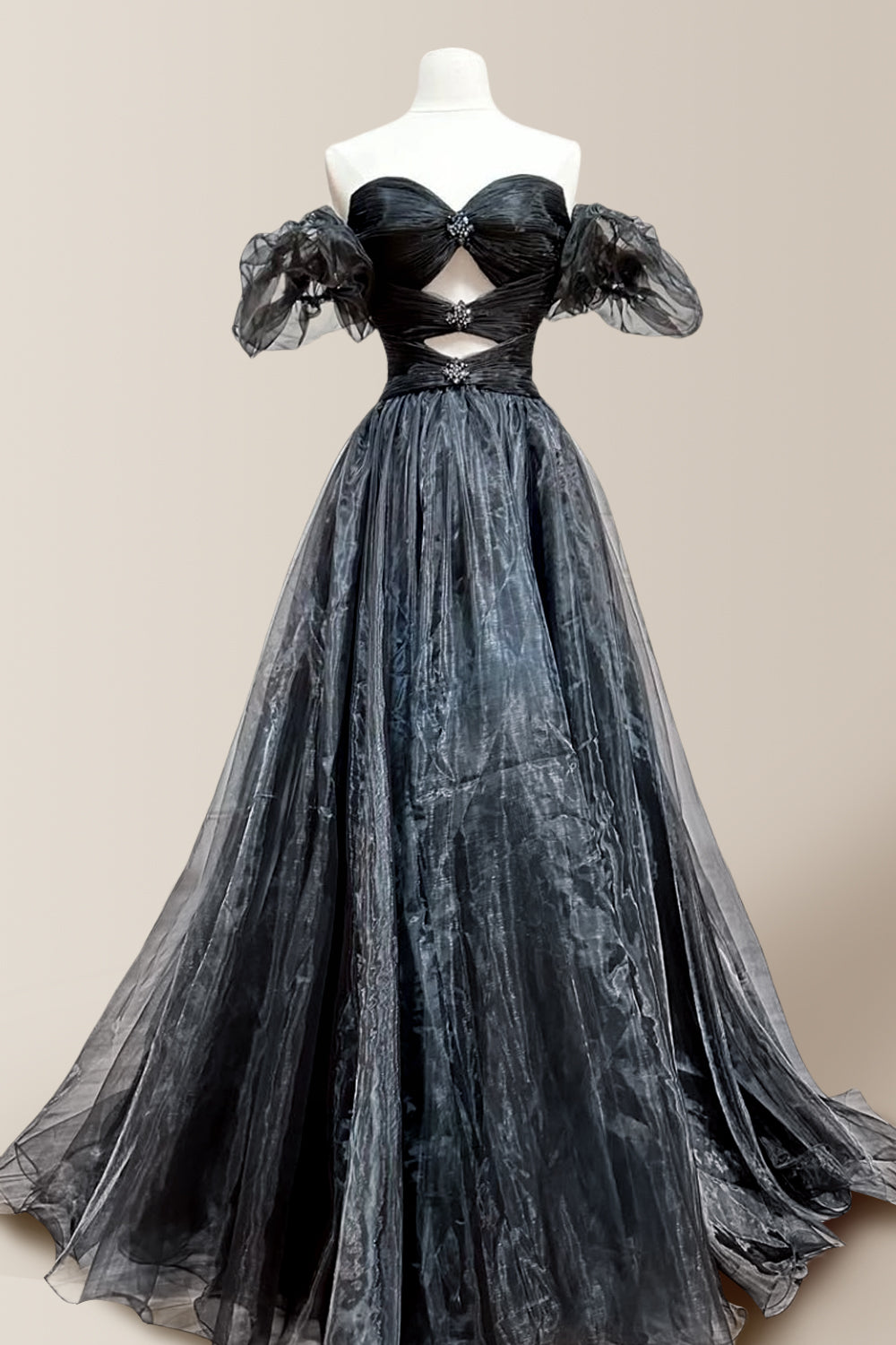 Stylish Black Off-The-Shoulder A-Line Prom Dress with Sheer Puff Sleeves & Cutout Beaded Bodice
