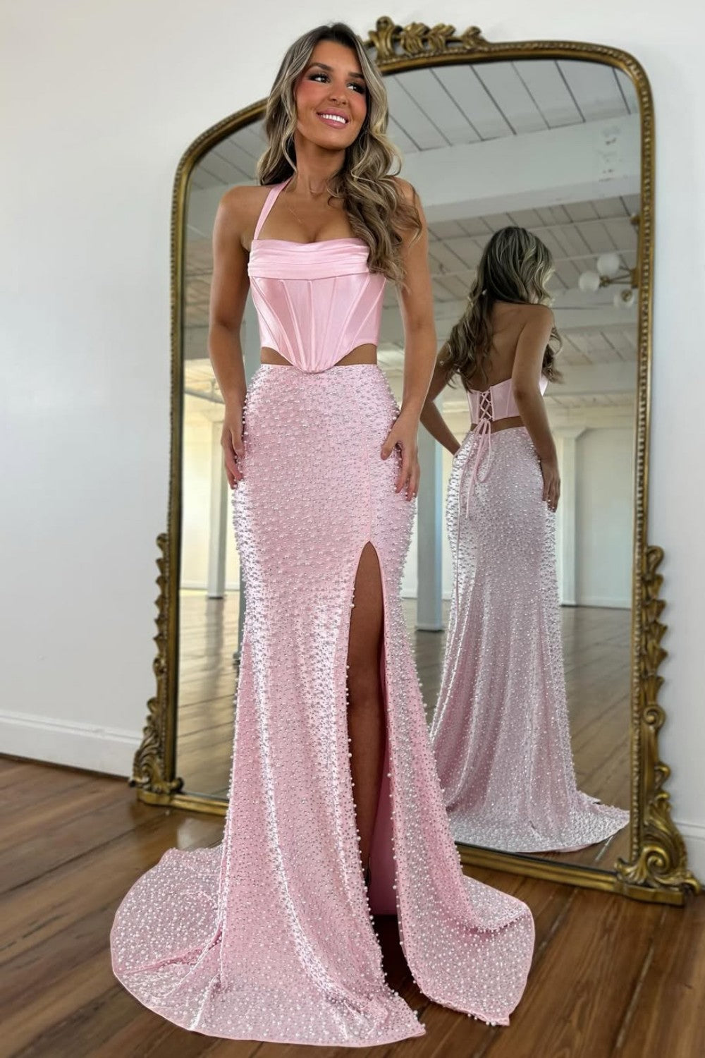 Stylish Blush Pink Halter Satin Top Two Piece Mermaid Prom Dress with Pearls