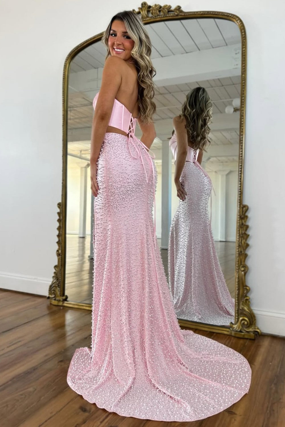 Furlla Women Stylish Blush Pink Halter Satin Top Two Piece Mermaid Prom Dress with Pearls Furlla Official Furlla Women Stylish Blush Pink Halter Satin Top Two Piece Mermaid Prom Dress with Pearls Furlla Official