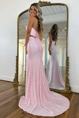 Stylish Blush Pink Halter Satin Top Two Piece Mermaid Prom Dress with Pearls