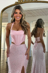 Stylish Blush Pink Halter Satin Top Two Piece Mermaid Prom Dress with Pearls
